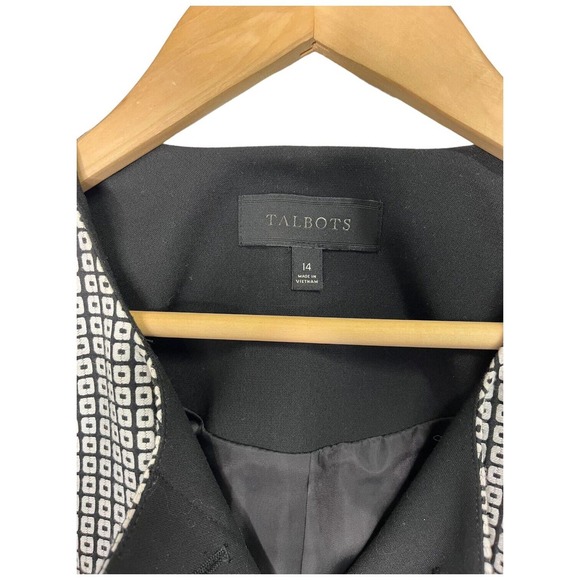 Talbots Womens Size 14 Blazer Hidden Buttons Square Print Lined Black - Picture 2 of 12